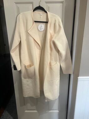 Anrabess Cream Open-Front Long Cardigan Sweater